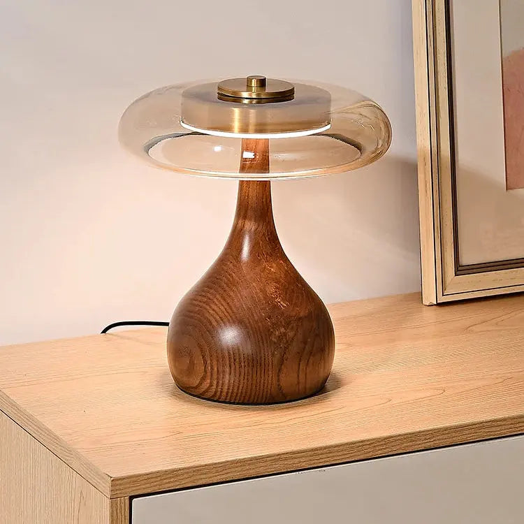 Julius – Mushroom-Style Glass and Walnut LED Table Lamp for Elegant Living Spaces Monalume