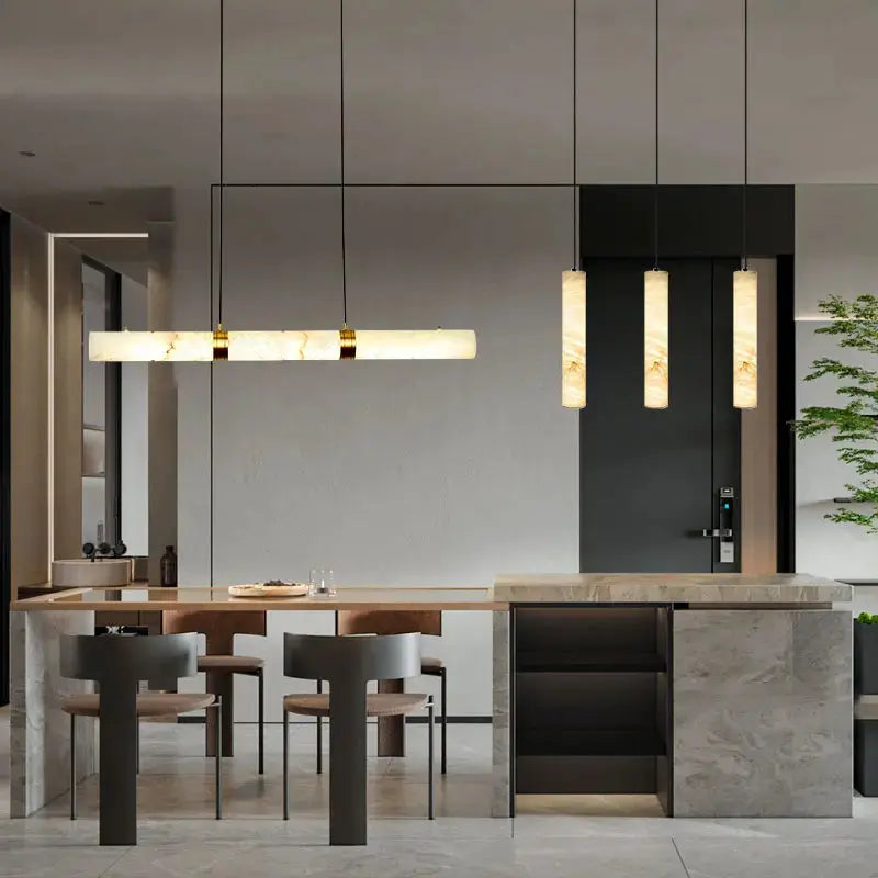 Albert – Dimmable Linear LED Pendant Light with White Alabaster Marble Design Monalume.com