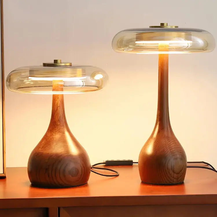 Julius – Mushroom-Style Glass and Walnut LED Table Lamp for Elegant Living Spaces Monalume