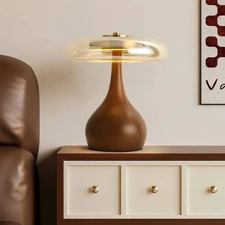 Julius – Mushroom-Style Glass and Walnut LED Table Lamp for Elegant Living Spaces Monalume