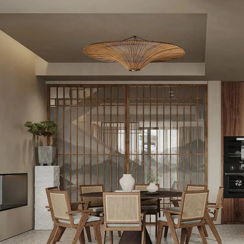 Mika – Handmade Round Japanese Rattan LED Pendant Light for Minimalist Interiors Monalume