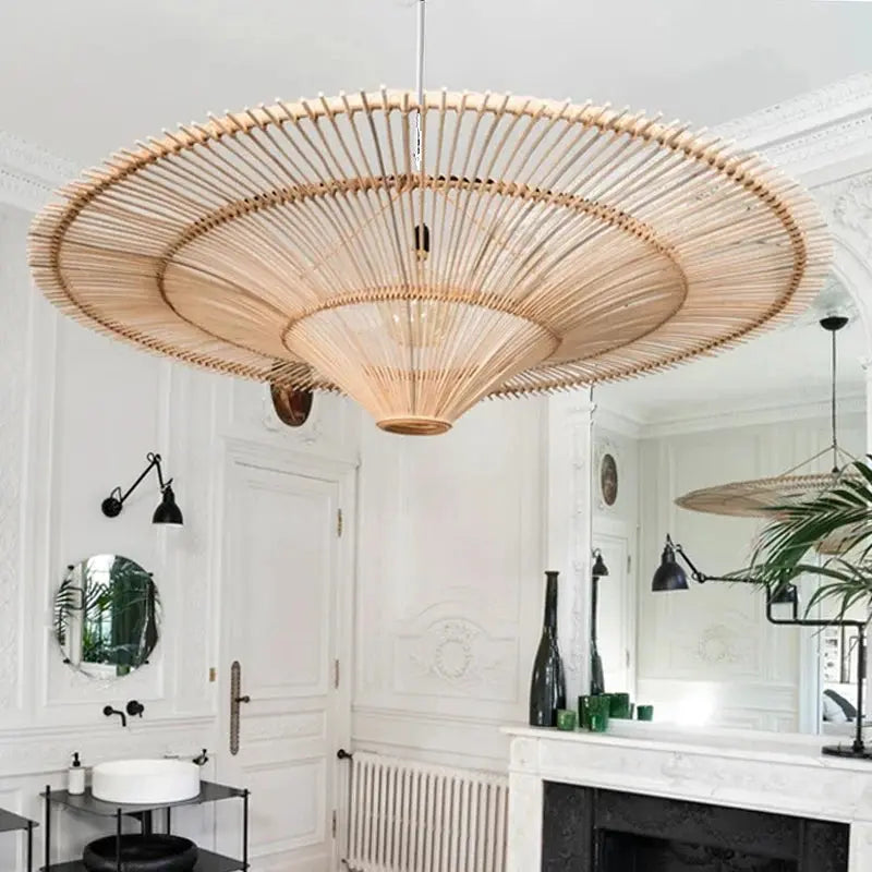 Mika – Handmade Round Japanese Rattan LED Pendant Light for Minimalist Interiors Monalume