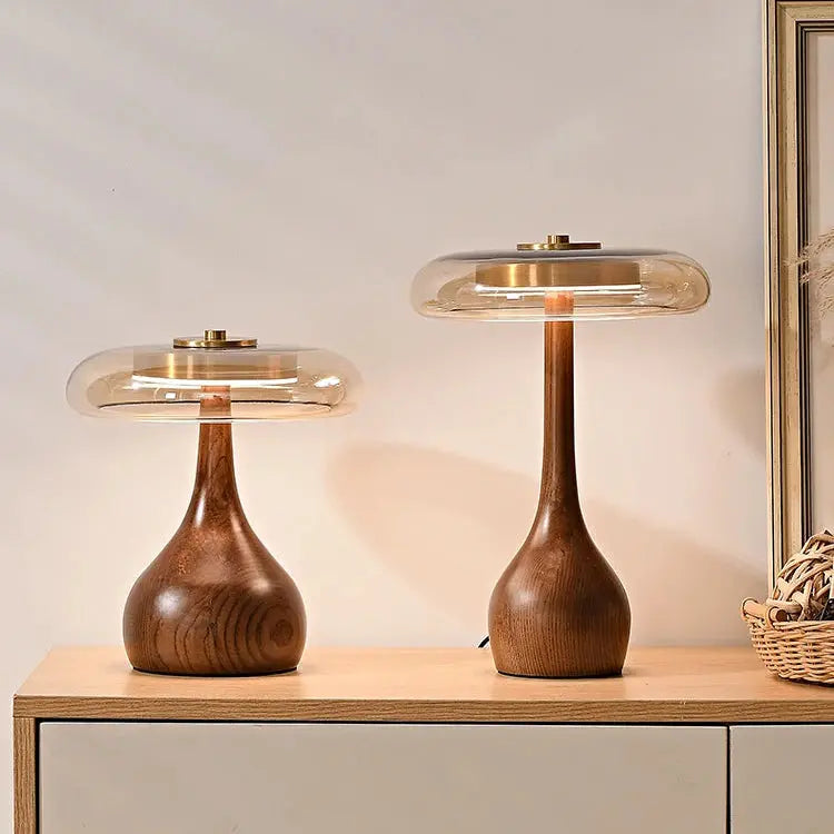 Julius – Mushroom-Style Glass and Walnut LED Table Lamp for Elegant Living Spaces Monalume