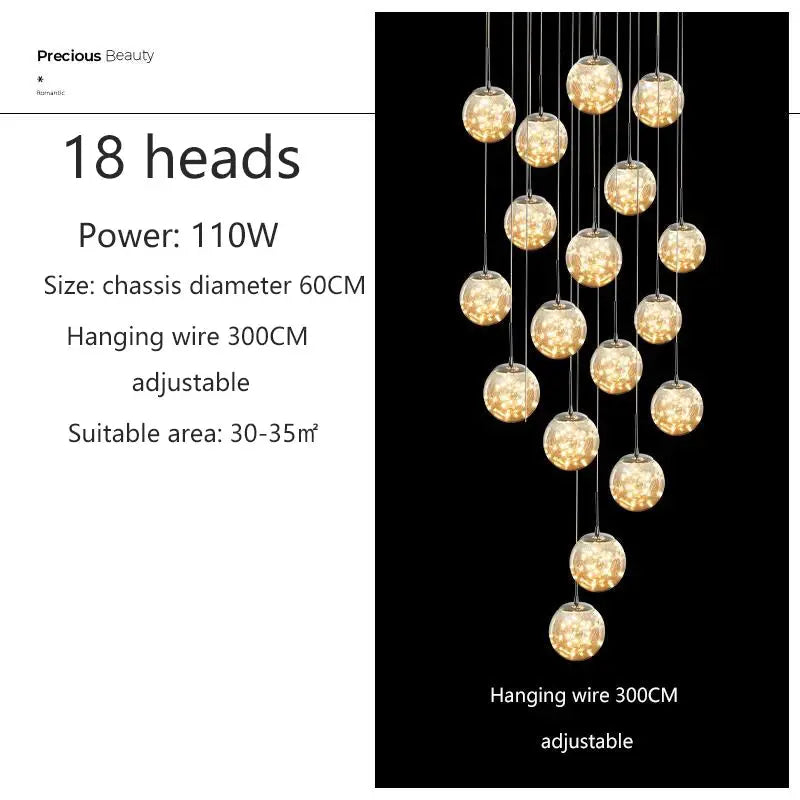 Axelle – Modern Dimmable LED Glass Ball Staircase Chandelier for Elegant Lighting Monalume