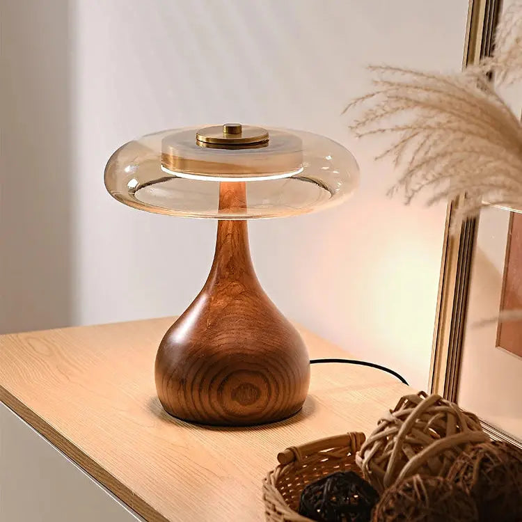 Julius – Mushroom-Style Glass and Walnut LED Table Lamp for Elegant Living Spaces Monalume