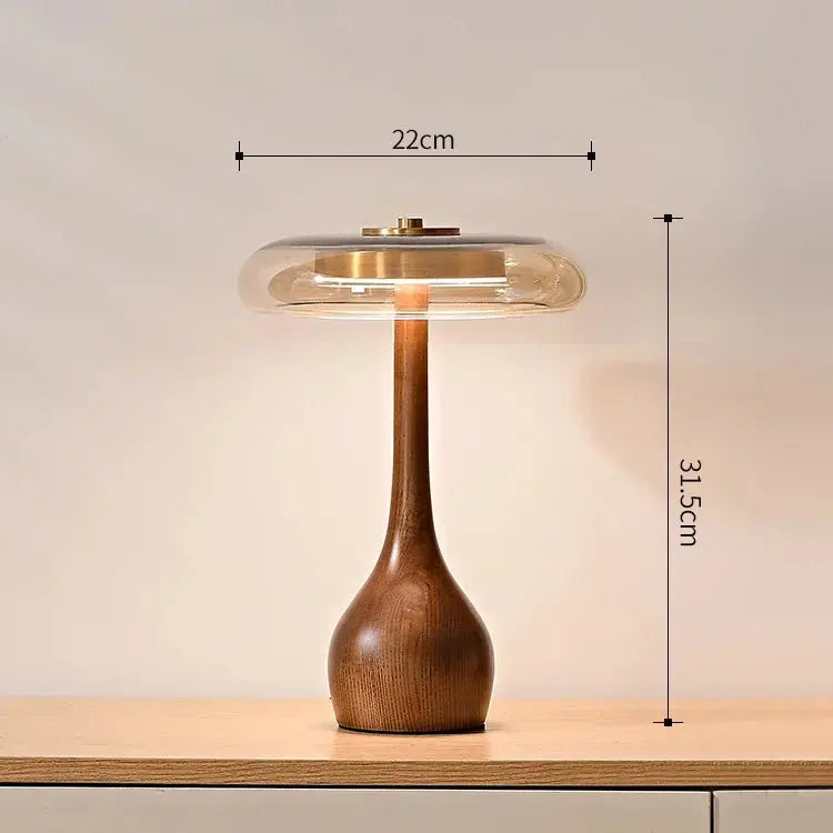 Julius – Mushroom-Style Glass and Walnut LED Table Lamp for Elegant Living Spaces Monalume