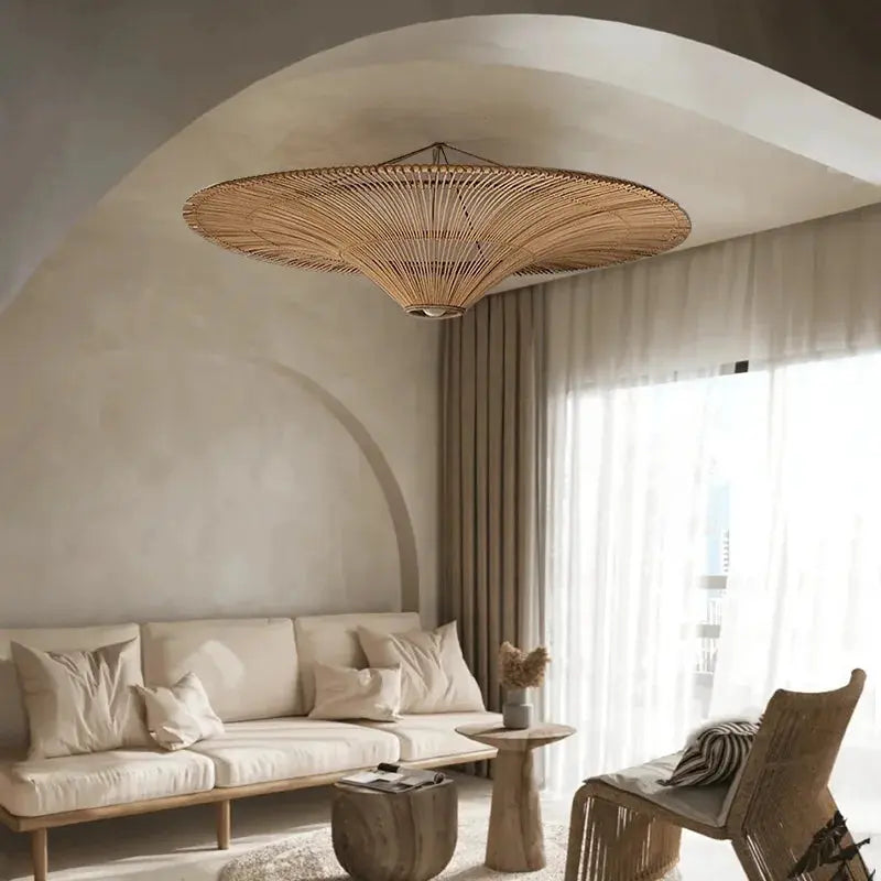 Mika – Handmade Round Japanese Rattan LED Pendant Light for Minimalist Interiors Monalume